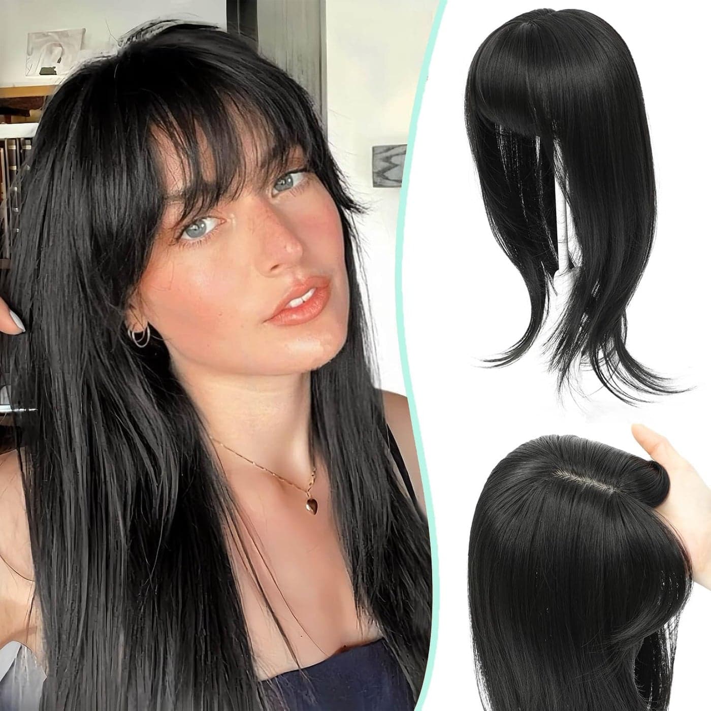 Fine Plus 360 3D Cover Clip in Fringe 18 Inch Synthetic Hair Topper with Fringe Upgrade 4x5 Base Natural Black Layered Straight Fake Hair Tinsel Daily UseParty