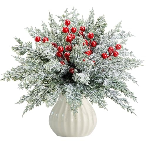 60 Pcs Artificial Christmas Snow Pine Branches with Red Berry Stems Snowy Faux Greenery Norfolk Pine Cypress Leaves Stems Berries White Frosted Fake Foliage Pine Needle Picks for Garland Home Decor