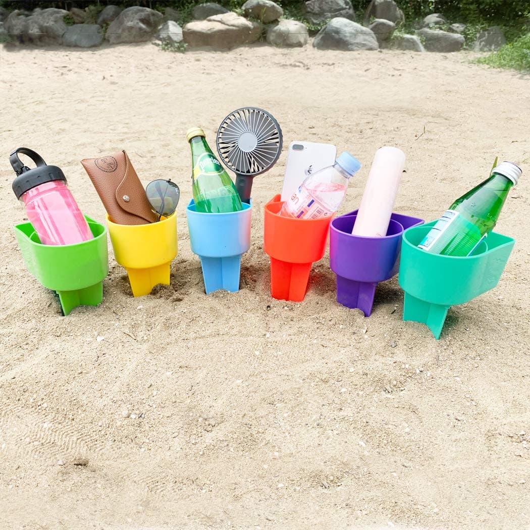 Home Queen Beach Cup Holder with Pocket Multifunctional Sand Cup Holder for Beverage Phone Sunglass Key Beach Accessory Drink Sand Coaster Set of 6 Blue Teal Purple Green Orange and Yellow