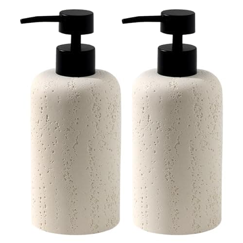 Haocoott Soap Dispensers 400mL 13.5 OZ, 2 PCS Luxurious Hand Dish Lotion Shampoo Soap Dispenser Jar, Travertine Soap Pump Bottles for Kitchen Bathroom Countertop (Cream)