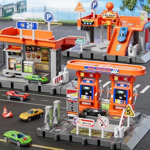 KIZONLY Toy Cars Playsets 3in1 Activity Drivers Playset Gasstation Car Wash Car Restaurant Playset 164 Scale Toy Cars and Car Garage Toys for Toddlers 13 Parking lot with Track