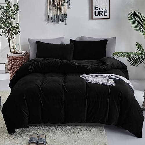 Luxlovery Black Velvet Comforter Set Queen Men Plush Fluffy Black Bedding Comforter Set Dark Color Minimalist Bedding Set Solid Modern Blanket Quilts Heavyweight Winter Warm Flannel Comforter Set