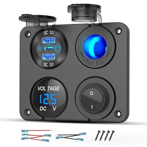 12 Volt USB Outlet RV Accessory 12V Marine Switch Panel Dual PD30W and QC18W Car USB Port Aluminum Charger Lighted 150W Cigarette Lighter Socket Blue LED Voltmeter and Rocker Switch 4 IN 1 DIY Kit