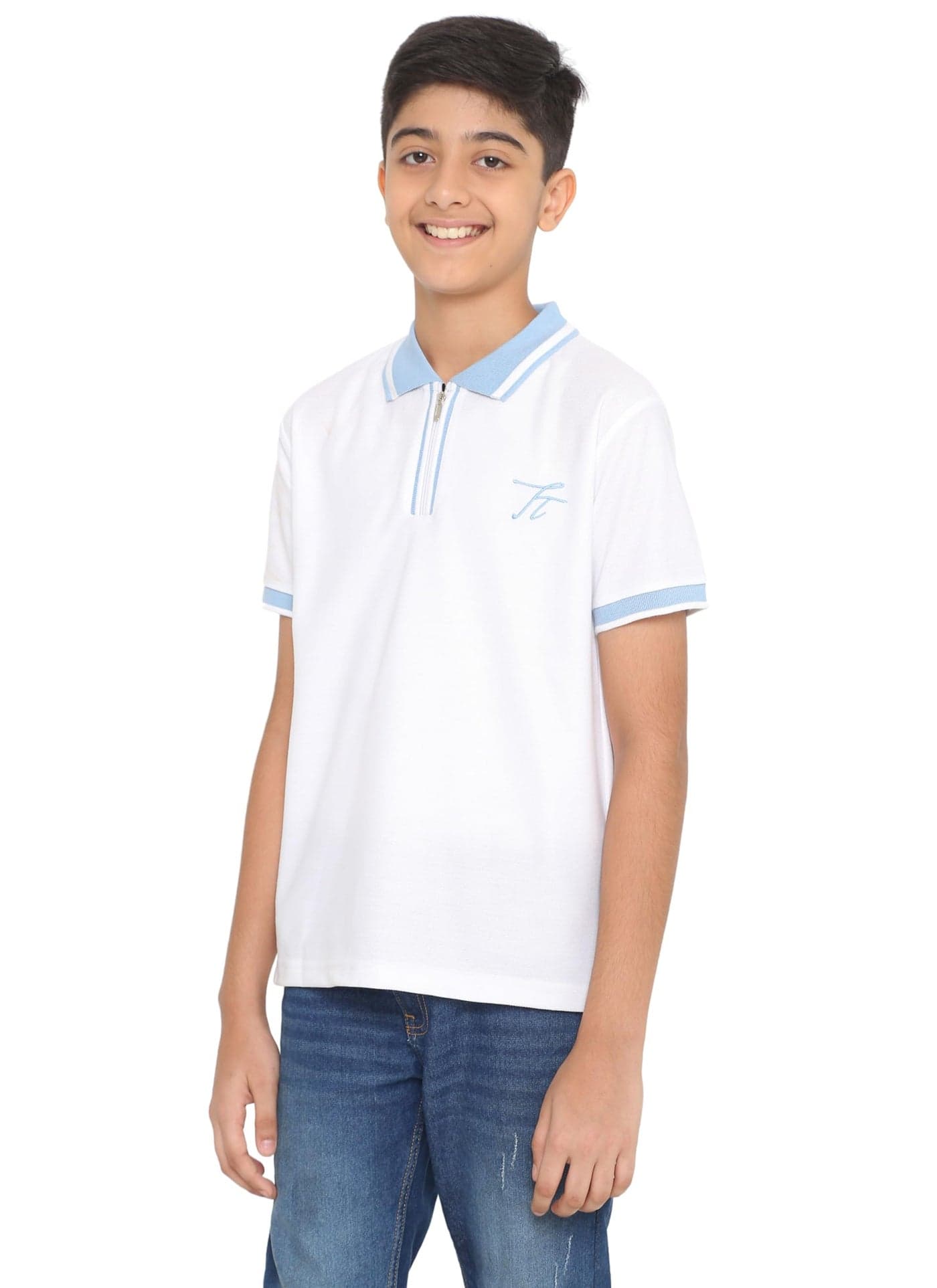 TotzTouch Boys Premium Polo Collar Tshirt with Stylish Zipper Closure White Color Age 13 Years to 14 Years