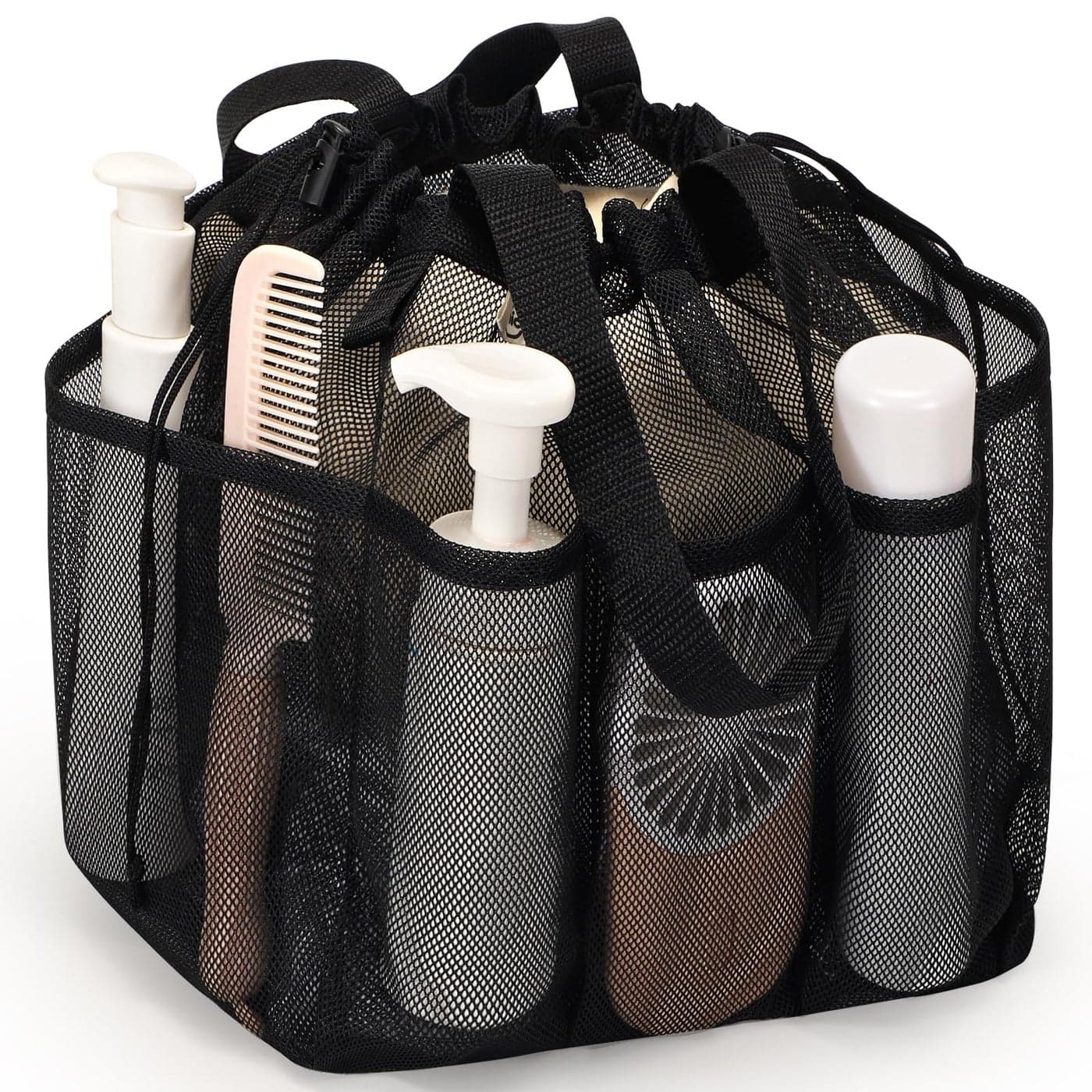 famichan Mesh Shower Caddy Portable with Drawstring Dorm Room Essentials for College Students boy girl Larger Shower Bag for CampingSwimmingGymTravelBathroom Black
