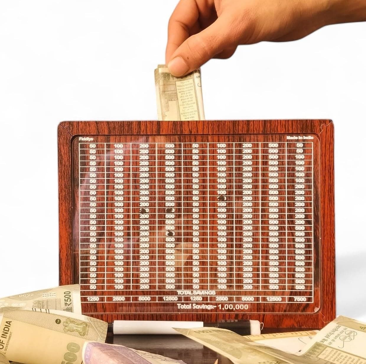 Fiddlys Wooden Money Piggy Bank for 2 3 4 5 6 Years Kids, Savings Challenge Box, Cashbox,Educational Gift for Kids (Rs 1,00,000)