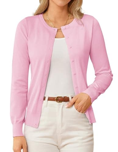 GRACE KARIN Knit Cardigan Sweaters for Women Long Sleeve Fall Cardigans for Women 2025 Crewneck Sweater Tops XL Pink