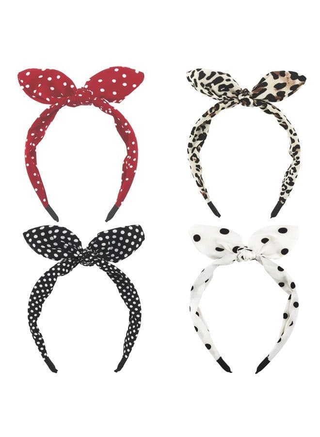 4 Pack Bow Headbands For Women Girls Cute Knotted Headband With Bow Red White Black Headband Comfortable Cloth Leopard Polka Dot Hair Bands Valentine's Day Hair Accessories For Women Girls Gift