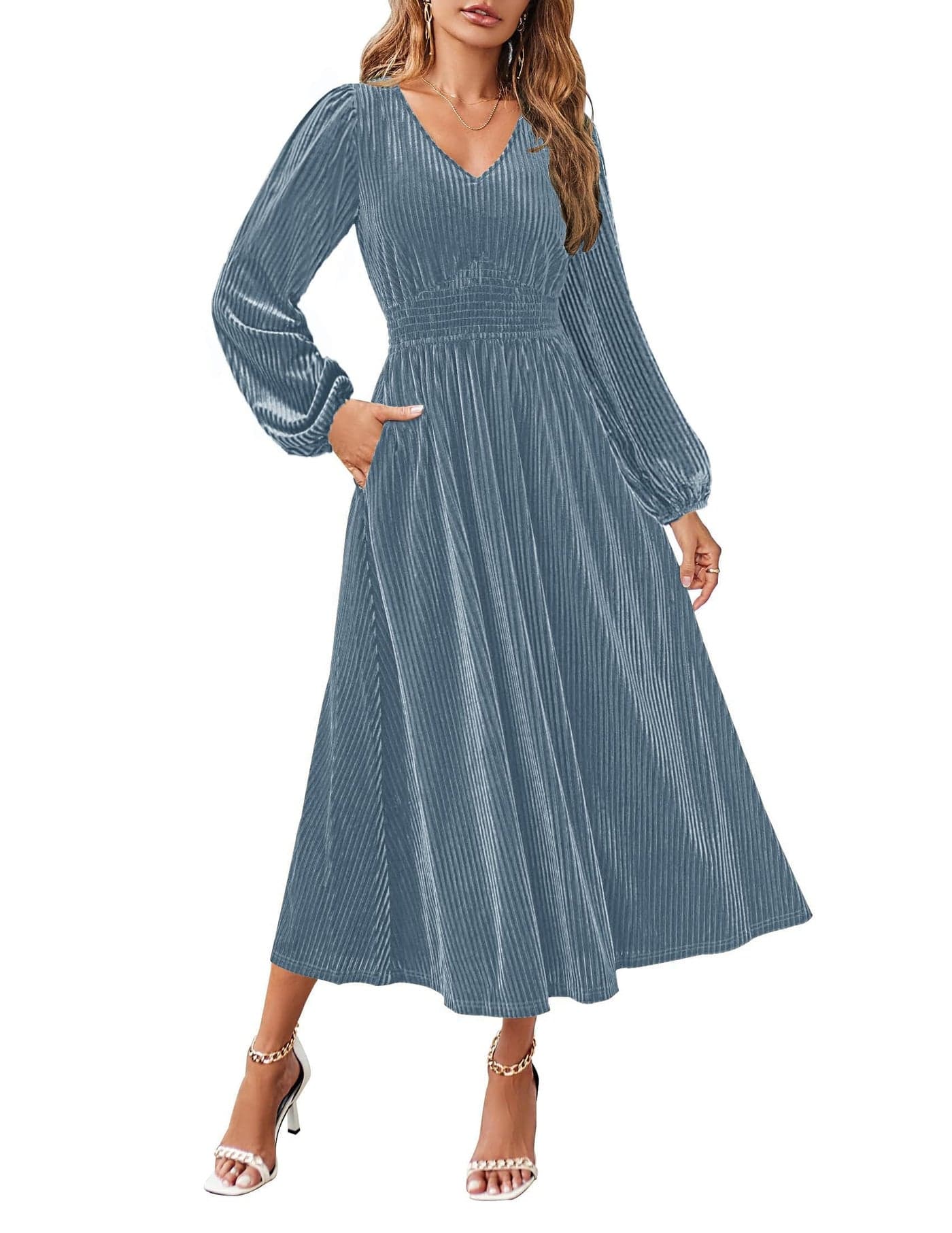 ZESICA Womens Velvet Midi Dress 2025 Casual V Neck Long Sleeve Solid Color Elastic High Waist Flowy Evening Party Dresses Grey Blue Large
