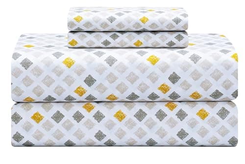 Feather & Stitch Softest 100% Cotton Sheets, 300 Thread Count Percale Weave Bedding, 16" Deep Pocket, Cooling Sheets, Breathable Bed Set, Hotel Premium Quality (Full, Yellow Diamond)