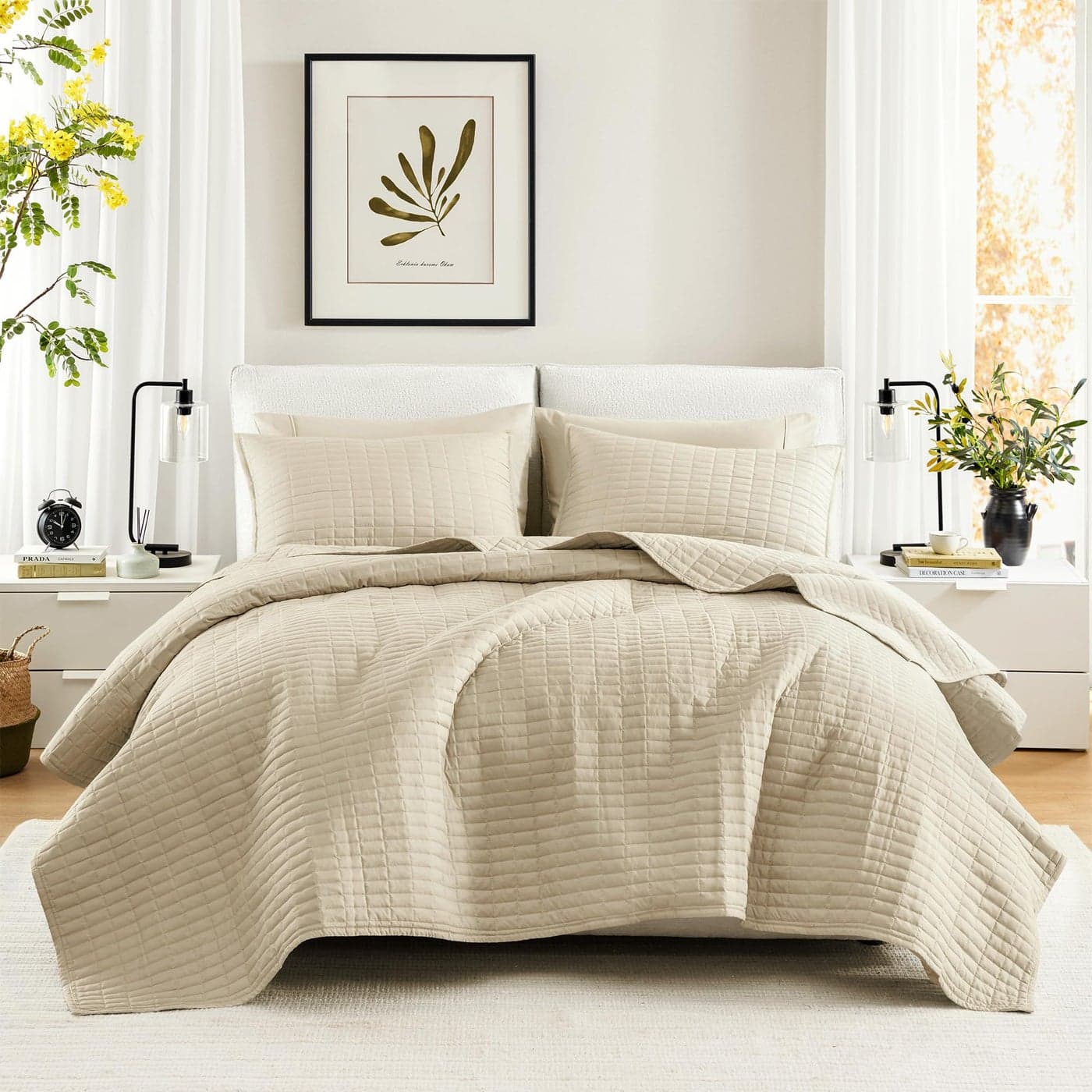 Comfort Spaces Kienna Quilt SetLuxury Double Sided Stitching Design Summer Blanket Lightweight Soft All Season Bedding Layer Matching Sham Ivory Coverlet FullQueen90x90 3 Piece