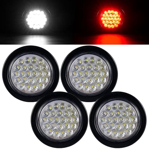 PVerandio Pack of 4 4 Inch LED Round Trailer Lights - 24 LED RED Stop/Turn Signal Tail Lights & 4" WHITE Back-up/Reverse Lights for Trailer Truck with 3 Prong Wire Pigtails