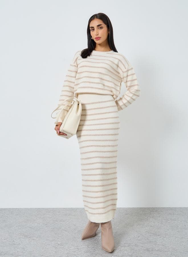 Beige Ribbed Striped Sweater Maxi Dress