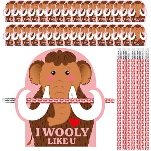 Dunzoom 36 Sets Wooly Mammoth Valentines Day Cards Exchange Gifts for Kids 36 Heart Pencils with Erasers I Wooly Like You Valentine Cards Pencils for School Classroom Prize Gifts Party Favors