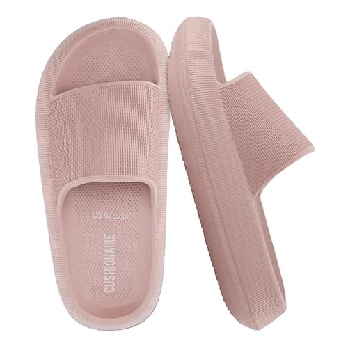 CUSHIONAIRE Feather EVA Slides for Women – Comfortable Slip On Womens Slippers, Indoor Outdoor Shower Shoes, Beach Essential Cloud Slides, PINK 7