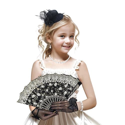 Zinniday Tea Party Fascinator Set Hat Set for Girls 1920s Costume Party Black High Tea Pary Church Top Hats with Pearl Necklace Earring Hand Fan and Lace Gloves Kit