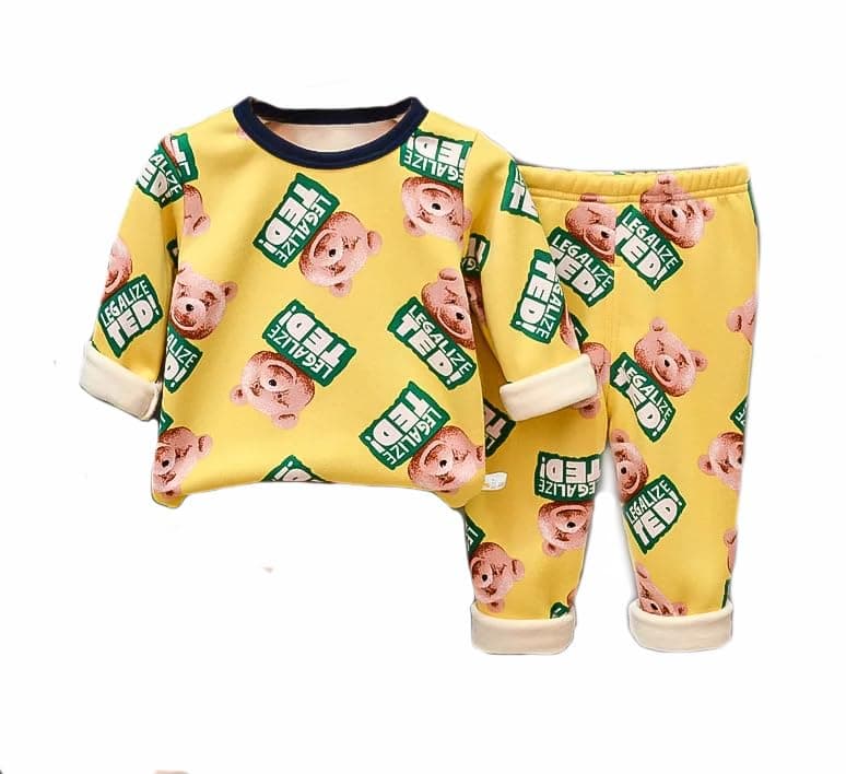 Bold N Elegant Cute Winter Warm Fleece Kid's Cartoon Print Thick Sweatshirt Tshirt and Pyjama Pant Clothing Set for Infant Toddler Boys Girls Kids (Yellow, 3-4 Years), Printed