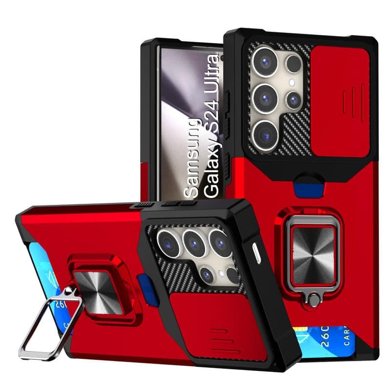 LuxuryKase Shockproof Armor Case for Samsung Galaxy S24 Ultra | Slide Camera Cover | Hidden Card Slot | Rotating Ring Kickstand | Magnetic Car Mount Support | Military Grade Protection – Red