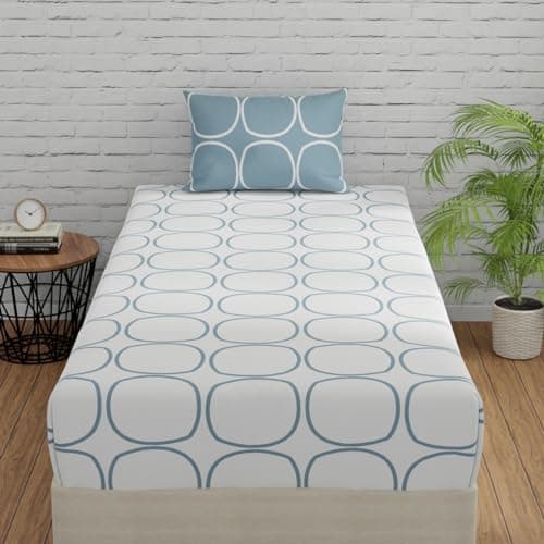 Huesland by Ahmedabad Cotton 144 TC Cotton Single Bedsheet with Pillow Cover - White & Blue