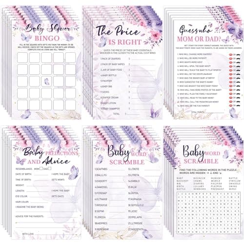 Jetec 302 Pcs Butterfly Theme Baby Shower Games, 6 Games, 50 Sheets Each, Baby Shower, Word Scramble, Word Search, Predictions and Advice, The Price is Right