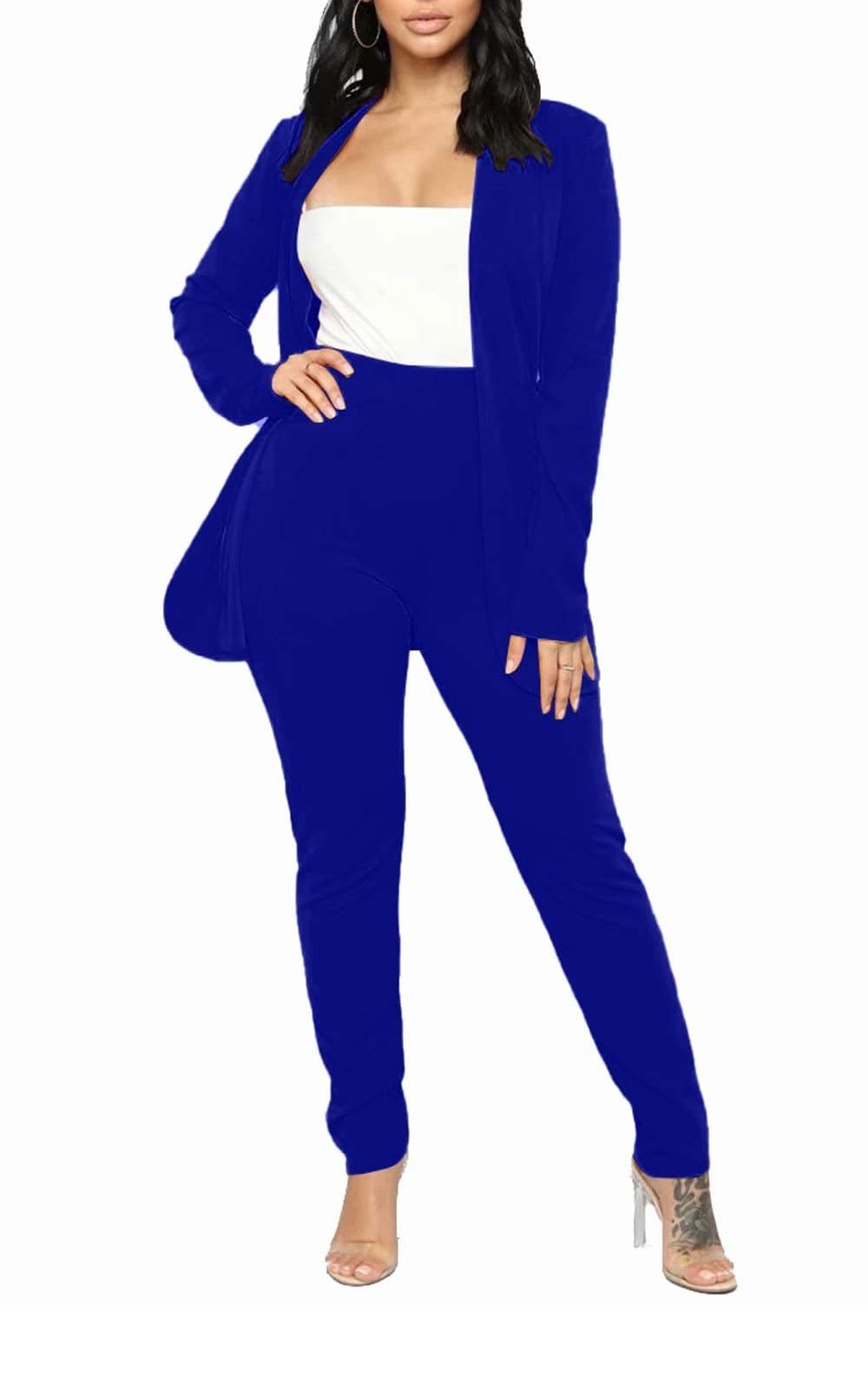 Aro Lora Women's 2 Piece Outfit Casual Solid Open Front Blazer and Pencil Pant Suits Set Large Royal Blue