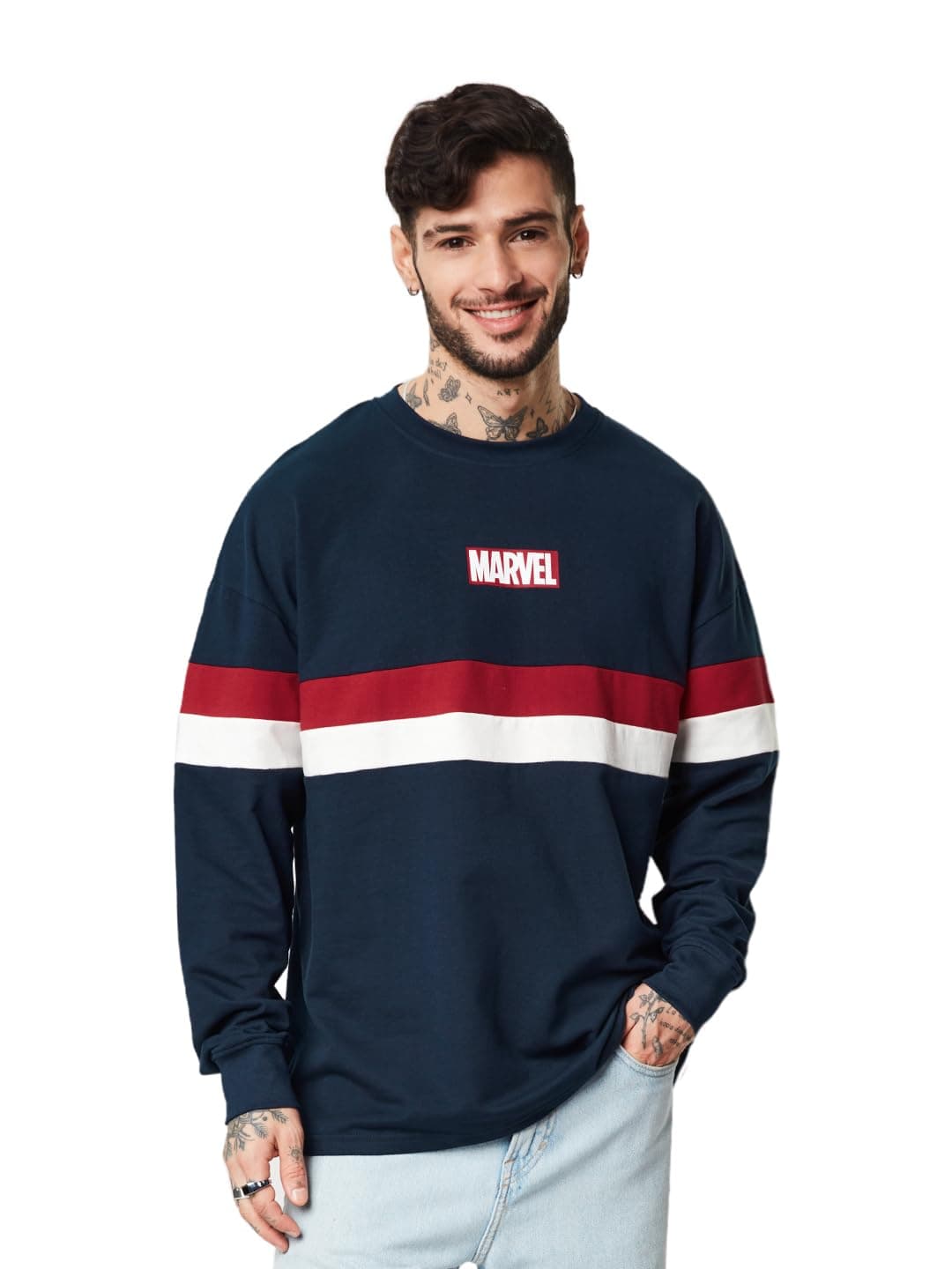 The Souled Store| Official Marvel: Avengers Assemble Mens and Boys T-Shirts|Full Sleeve|Oversized fit Graphic Printed|100% Cotton Navy Blue Color Oversized Full Sleeve T-Shirts
