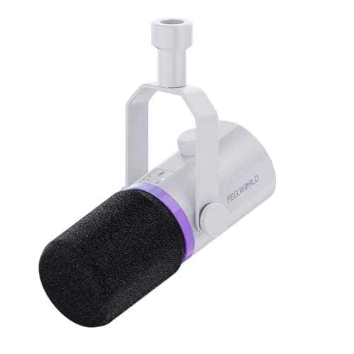 FEELWORLD PM1 XLR USB Dynamic Microphone Gifts for Podcast Recording PC Computer Gaming Live Streaming Vocal Voice-Over, Studio Metal Mic with RGB Light, Mute Button, Headphones Jack (White)