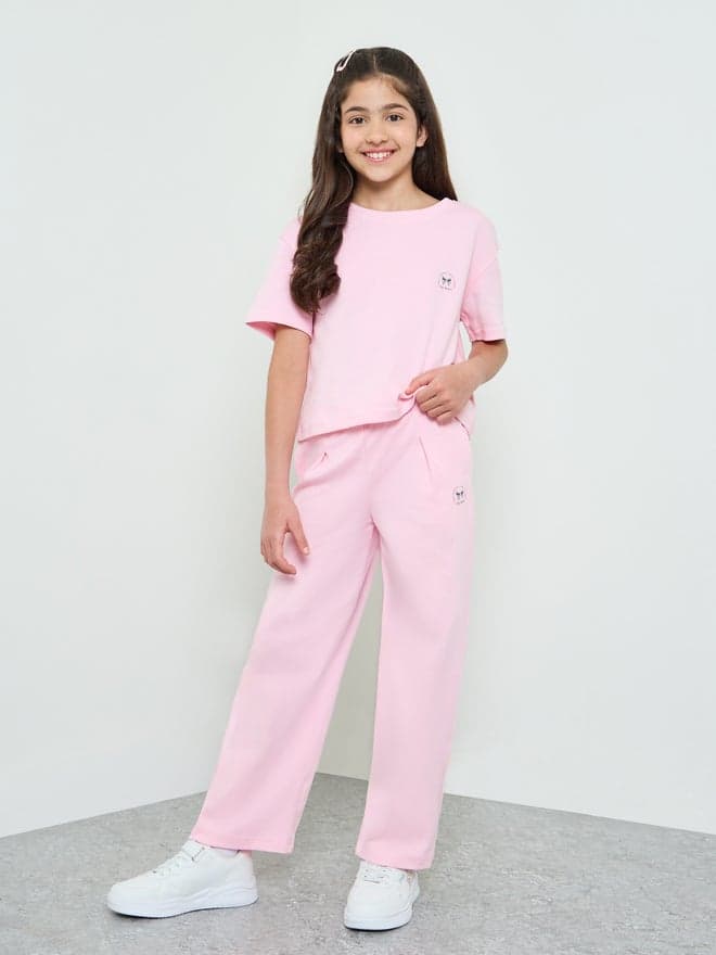 Styli Girls Light Pink Crop Top with Straight Leg Joggers Set