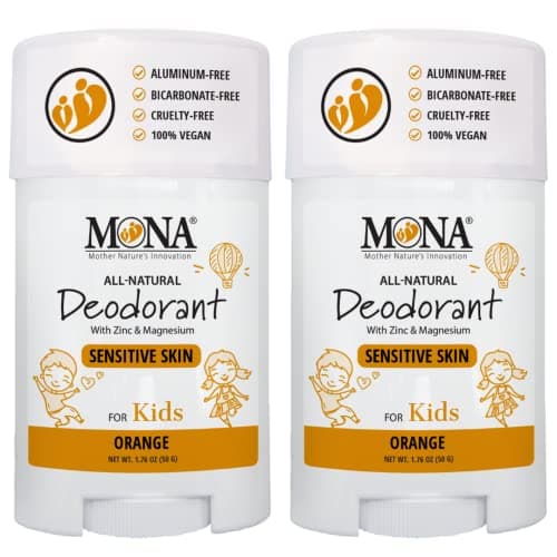 MONA 100% Natural Deodorant for Kids | Safe For Girls & Boys with Sensitive Skin | Baking Soda Free, Aluminum Free | Vegan, Non-GMO, Gluten and Cruelty free (2-PK ORANGE 1.76 Oz each)