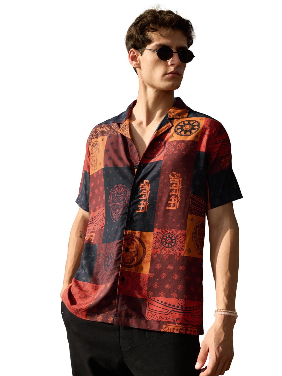 The Souled Store Official Iron Man: Pattern Men and Boys Short Sleeves Collared Neck Button Front Red All Over Printed Regular Fit Rayon Casual Streetwear Trendy Stylish Summer Shirt