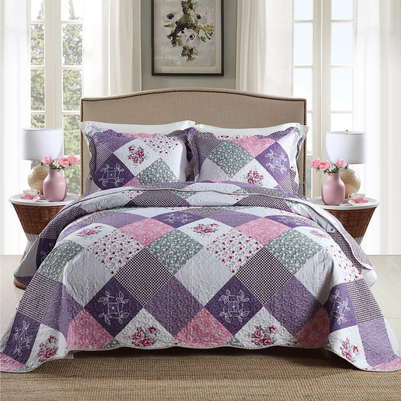 HoneiLife Quilt Set King Size 3 Piece Microfiber Quilts Reversible Bedspreads Patchwork Coverlets Floral Bedding Set All Season QuiltsLittle RosePurple