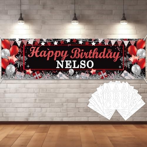 Lonfliness Personalized Birthday Banner Happy Birthday Party Decorations Custom DIY Black Red Birthday Party Backdrop with Name Alphabet Letter Sticker Happy Birthday Sign Party Supplies for Men Women