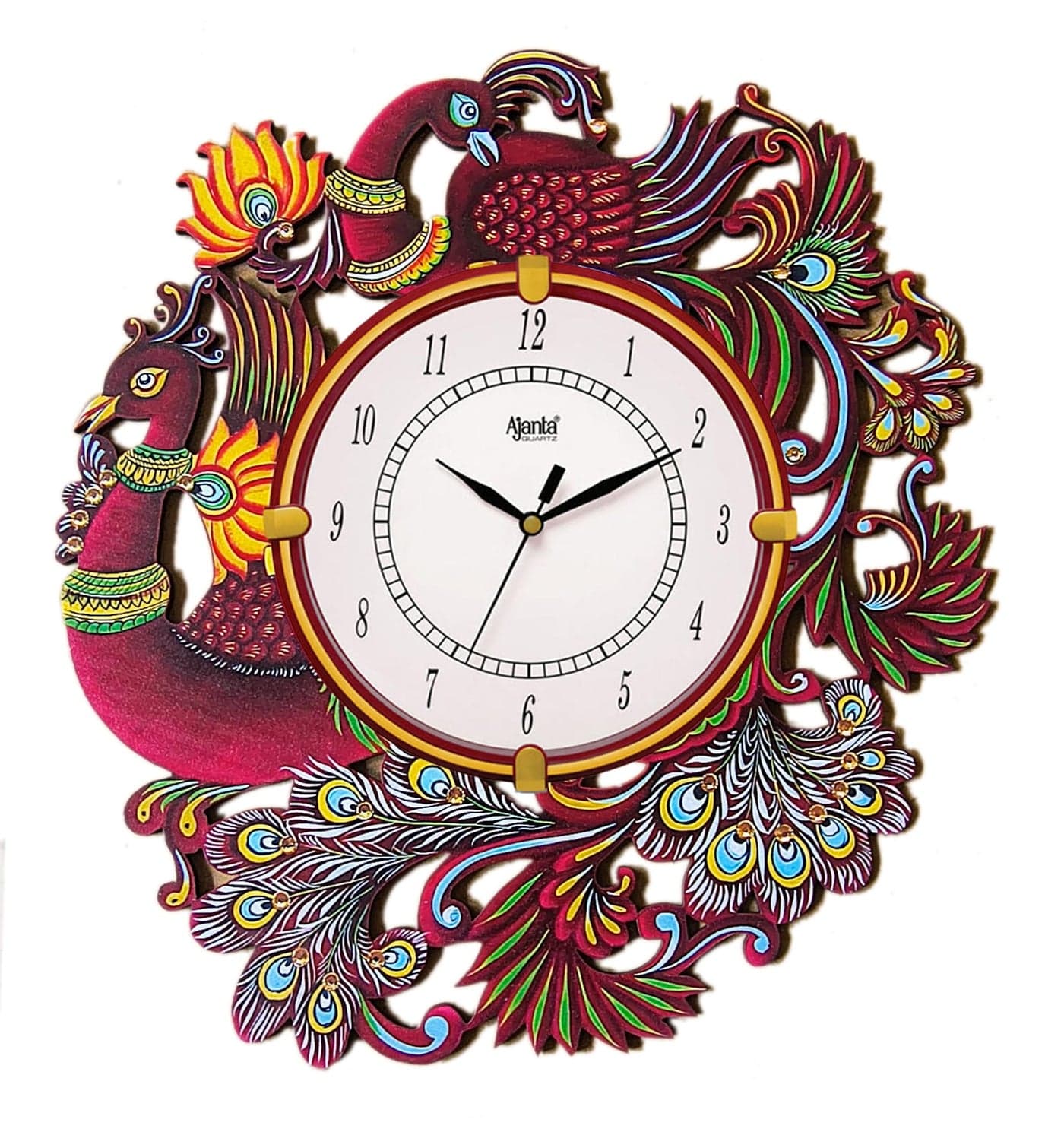 Ajanta Wall Clock Wooden Wall Clock Red Peacock (MDF_35x32 cm)