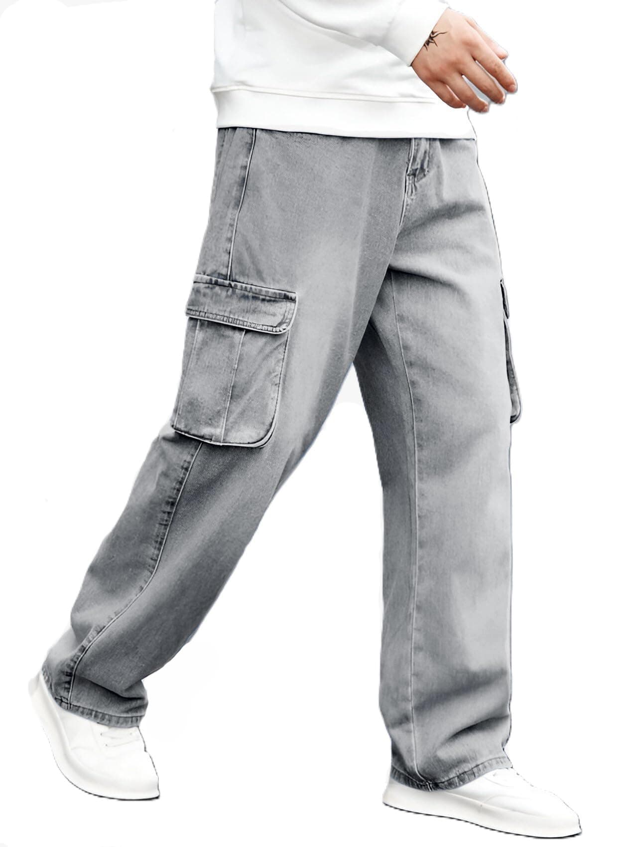 Ben Martin Men's Baggy Cargo Jeans || Oversized Loose Fit Wide Leg Denim Pants || Stretchable Roomy Pocket Casual Style || Grey High Rise Jeans Size 32