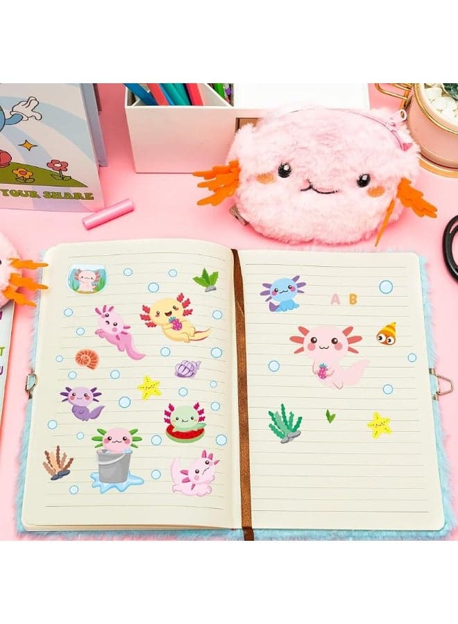 CY2SIDE 6PCS Axolotl Diary with Lock and Keys for Girls Axolotl Plush Secret Journal Diary Journaling Set for Writing Make Your Own Scrapbook with Crafts Idea Birthday Gifts for Teen Girls DIY Gifts