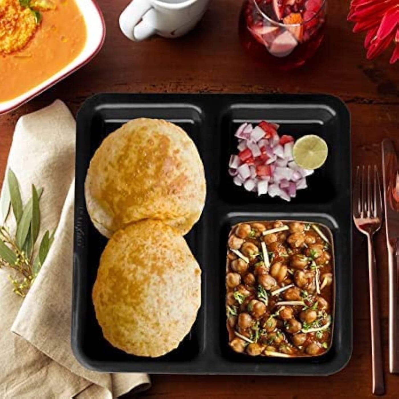 Coolkart 3 Compartment Black Color Plastic Plates Set of 6 Microwave Safe Ideal for Snacks Like Pav Bhaji and Idli Chutney with Sambhar