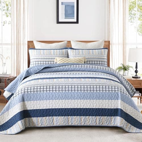 DJY Navy Blue Striped Quilt King Size, Boho Blue Tan Striped Bedspread Coverlet Set Soft Microfiber Bohemian Patchwork Quilt Bedding Set 3 Pieces for All Season
