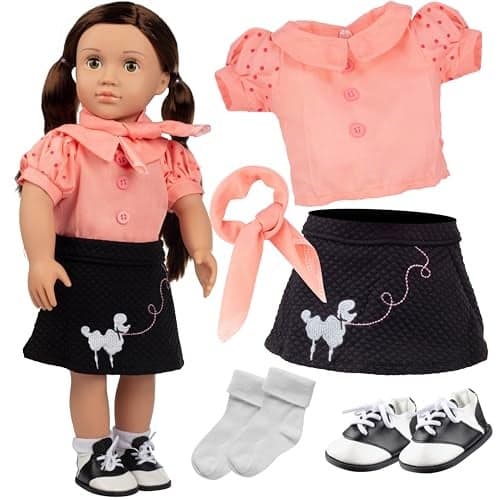 Dress Along Dolly Poodle Skirt Doll Outfit Compatible w American Girl 18 Dolls 5 Piece Set 1950s Costume Clothes Set Includes Scarf Skirt Shirt Socks Saddle Shoes Easter Basket Stuffer