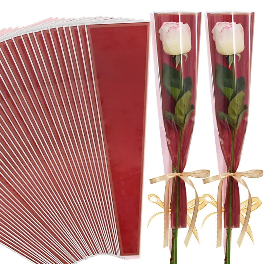 BEISHIDA 50 PCS Single Rose Sleeve Plastic Flower Wrapping Bags Cellophane Flower Sleeves for Florist Bouquet Supplies Mothers Day Valentines Day Red and Champagne