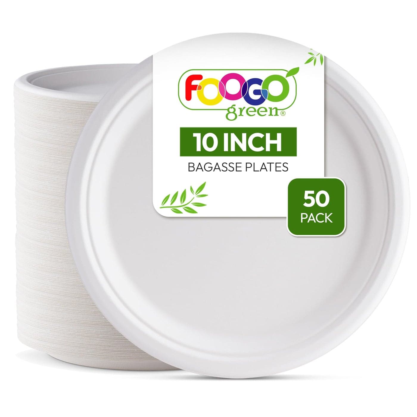 FOOGO Green 50 Disposable Sugarcane Bagasse Plates 10 inch 25 cm for Desserts and Starters Eco Friendly Biodegradable Compostable Picnic Party Large Round Strong Paper Plates