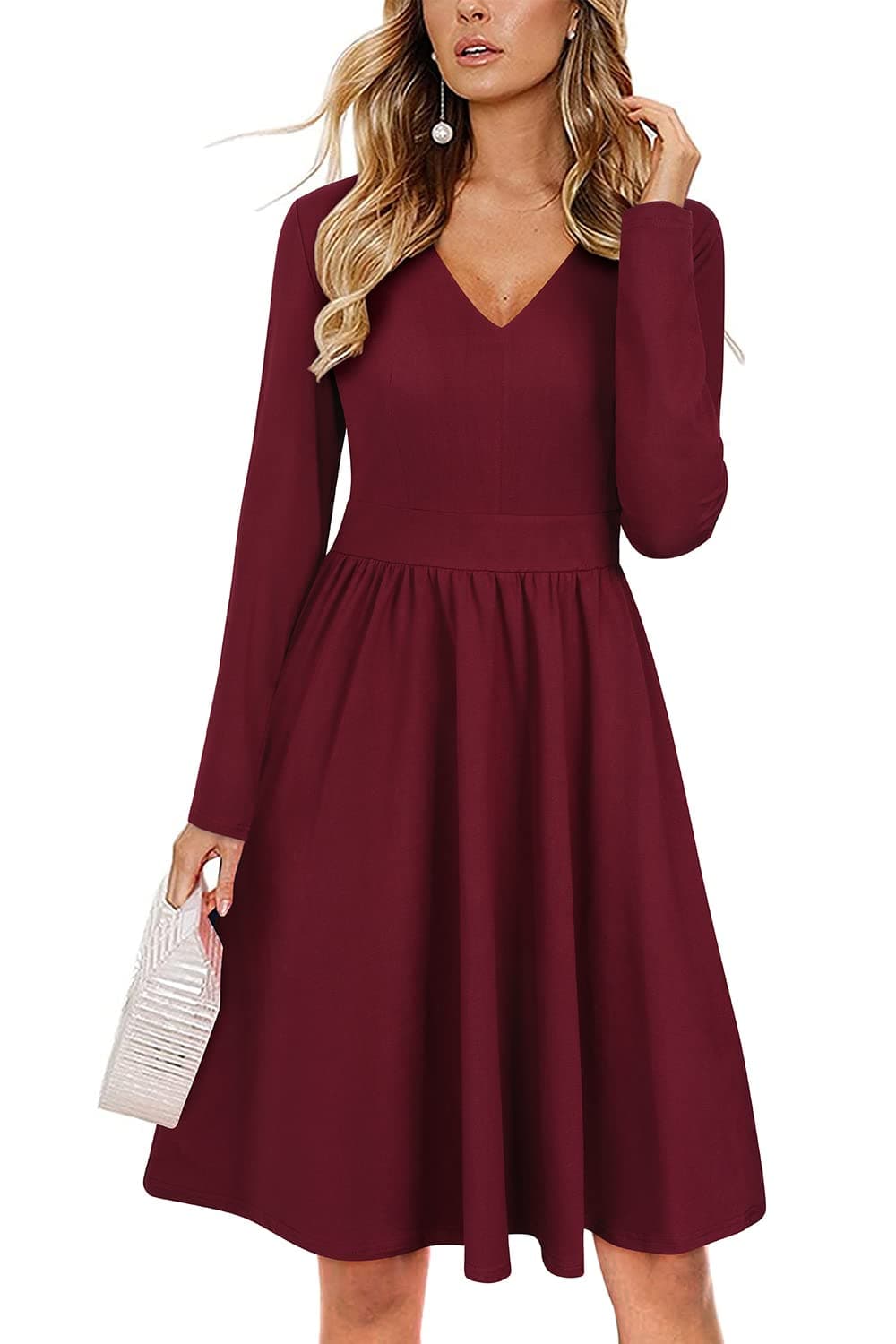 ULTRANICE Red Long Sleeve Womens Dresses 2025 Fashion Clothes Trendy Spring V Neck Casual Wedding Guest Dresses Semi Formal Party Vavation Outfits Plus Size Dress with Pockets(Dark Red C,M)