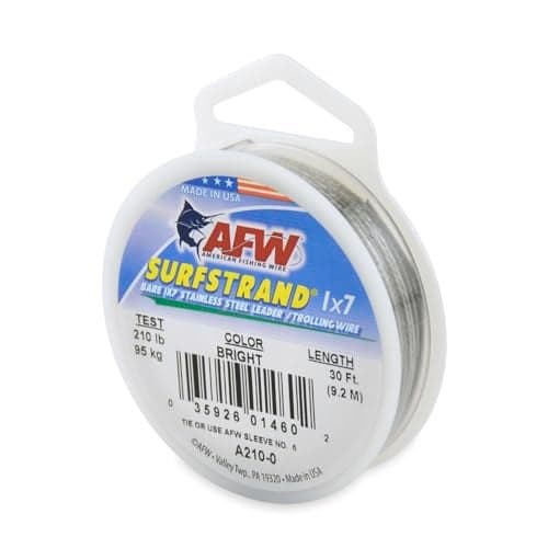 American Fishing Wire Surfstrand, Bare 1x7 Stainless Steel Leader Wire, 210 lb Test, 0.036" Diameter, Bright, 30 ft