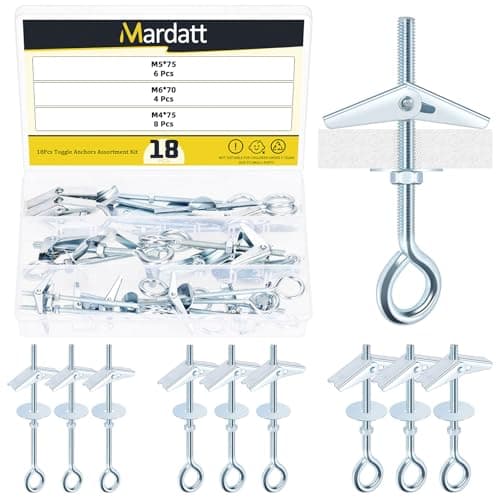 Mardatt 18Pcs M4 M5 M6 Eye Bolt Toggle Bolt Assortment Kit, Spring Toggle Bolts Butterfly Anchors Butterfly Toggle Anchors, Heavy Duty Drywall Anchors with Wing Nut for Hanging Lamps Heavy Items