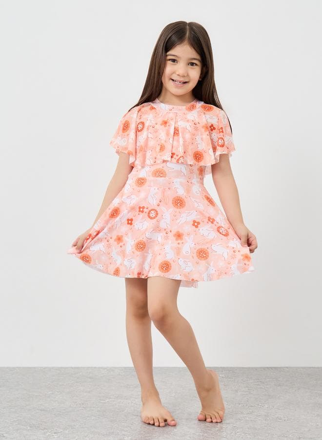 Bunny Print Swim Dress And Shorts Set