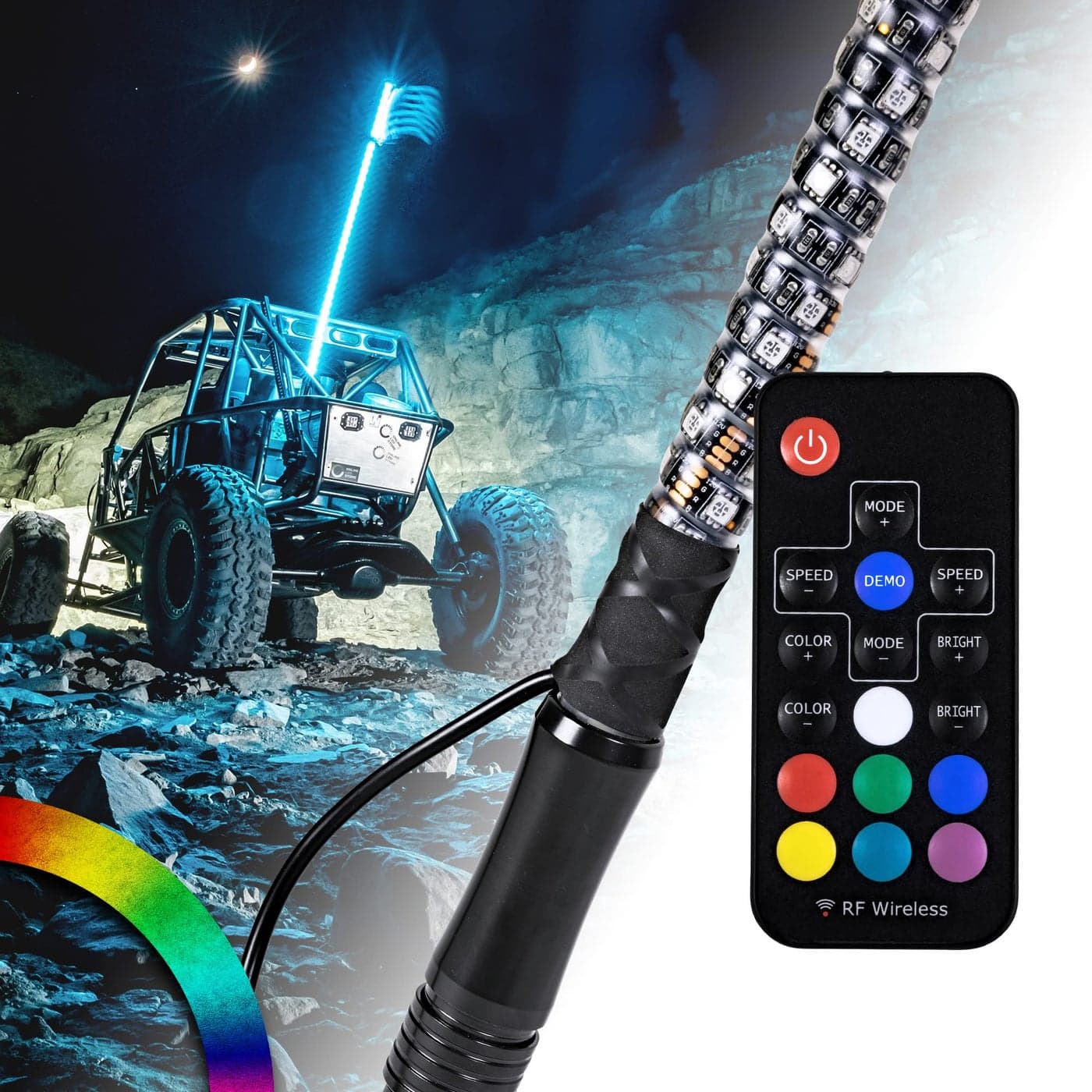 True Mods 4ft Spiral RGB LED Whip Light for UTV ATV RF Wireless Remote USA Flag Waterproof LED Lighted Whip CB Antenna Pole Stick for RZR CanAm Polaris SxS 4x4 Quad Dune Buggy 4 Wheeler Accessories