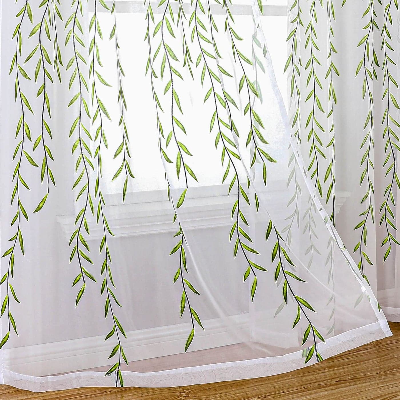 BROSHAN Green Pattern Sheer Curtains White Printed Sheer Bedroom Curtains 2 Panels Vine Leaf Curtain Sheers 78 inches Long Voile Sheer Window Curtains