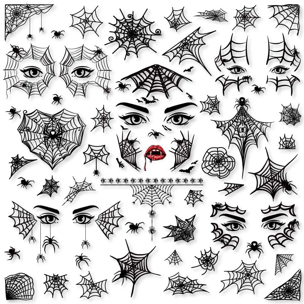 Konsait 65PCS Halloween Spider Face Tattoos Spider Web Spider Net Temporary Tattoos Face Shoulder Arm Back Tattoos StickersHalloween Costume Apparel Cosplay Accessories Party Favor Supplies