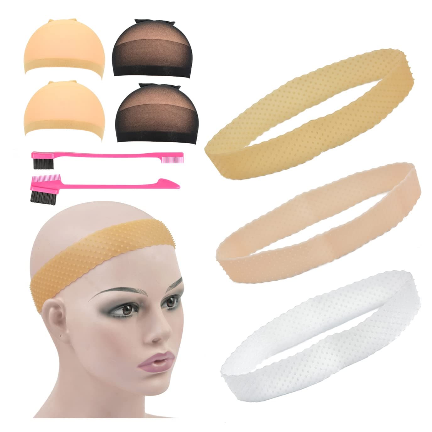 3 Pcs Silicone Wig Grip Band Non-Slip Elastic Headbands 4 Pcs Wig Stocking Caps and 2 Pcs Hairbrush for Hold Wig (Mixing)
