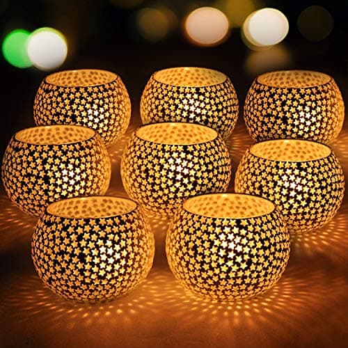 TIED RIBBONS Set of 8 Star Mosaic Glass Votives Tealight Candle Holders for Side or Center Table Dining Room Lighting Home Decoration and Gifts(Glass, Pack of 8)