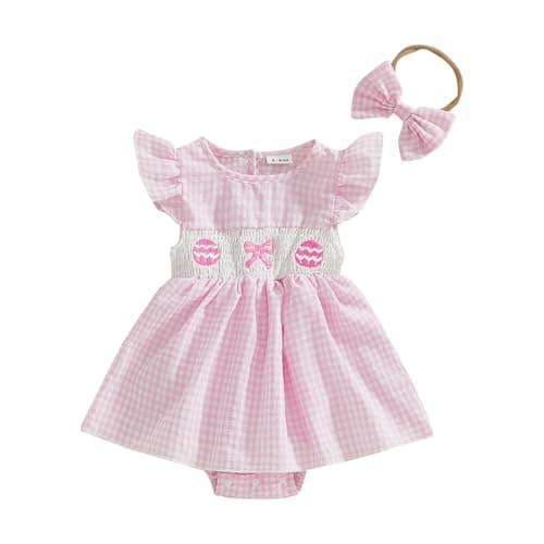 mlpeerw Easter Outfit Baby Girl Romper Dress My First Easter Fly Sleeve Smocked Dress Newborn Cute Baby Summer Clothes (Easter Eggs-Pink, 6-12 Months)